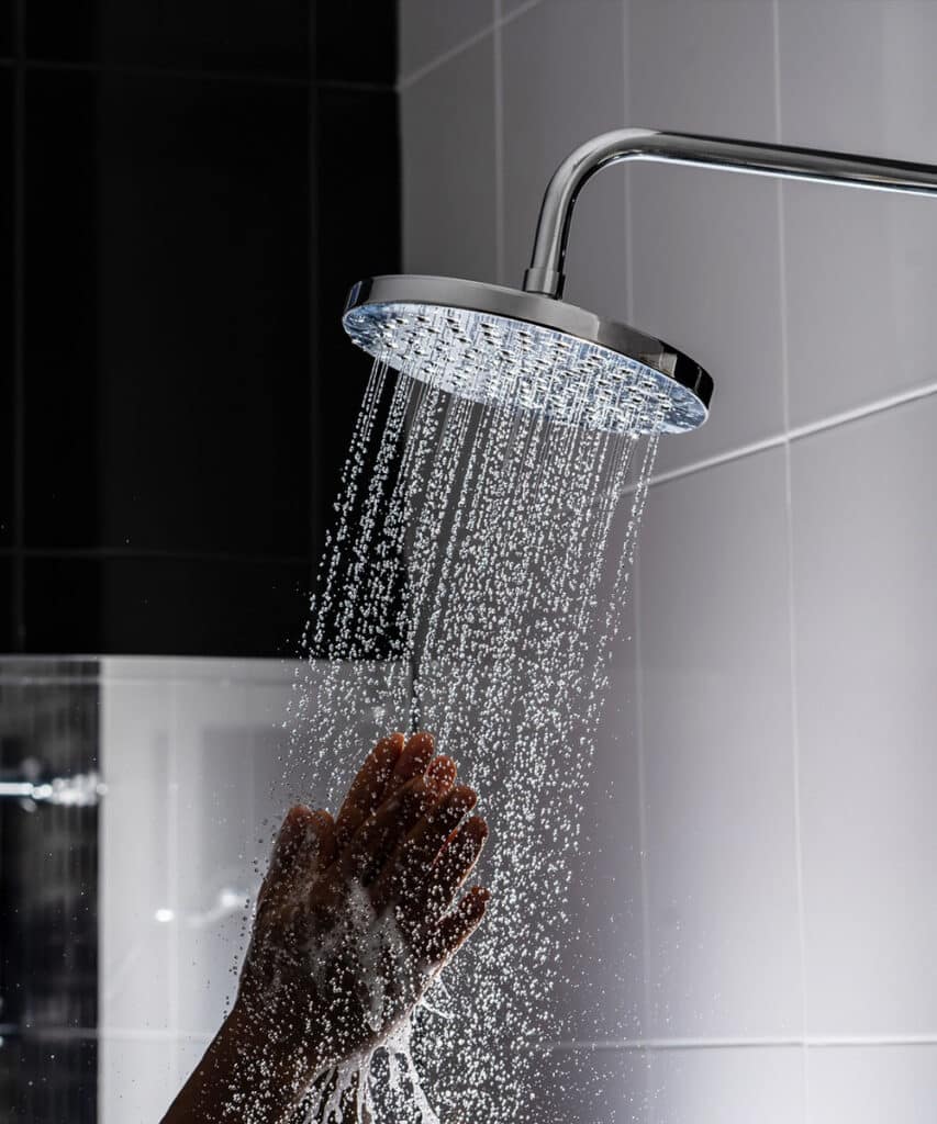 Person stands under a shower head, water streaming down